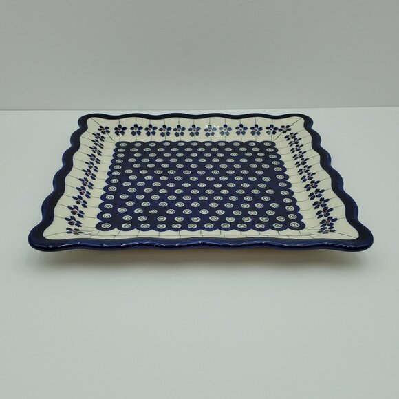 Polish Pottery Flowering Peacock Square Luncheon Plate Blue Floral Peacock Eyes - Picture 2 of 6